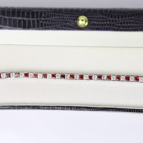 WHITE GOLD FINISH Red Garnet Princess Cut Alternating CD Bracelet