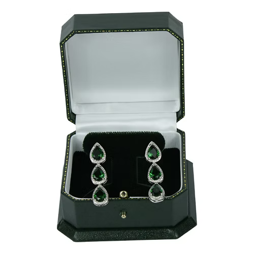 White Gold Finish Created Diamond Green Emerald Pear Cut Classic Dangle Earrings