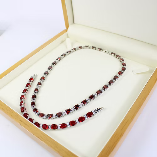 WHITE GOLD FINISH Red Ruby CD Oval Cut Crown Claw Bracelet & Necklace