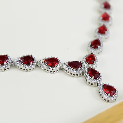 WHITE GOLD FINISH Red Ruby Pear Cut Cluster Created Diamond Necklace