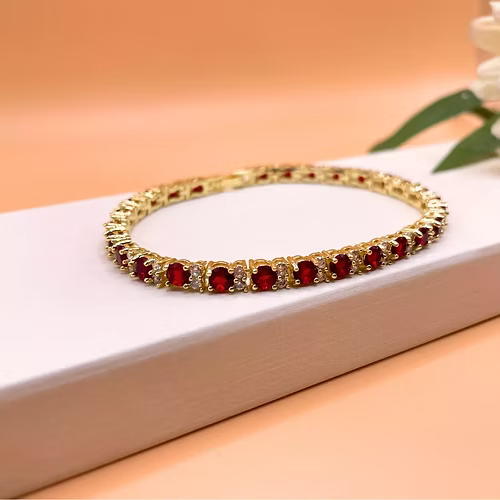 Yellow gold finish round cut red ruby with 2 tiny created diamond bracelet