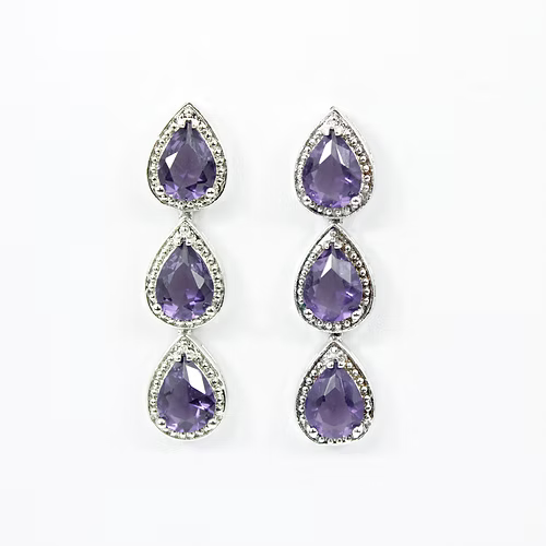 White Gold Finish Amethyst Triple Pear Cut Dangle Earrings