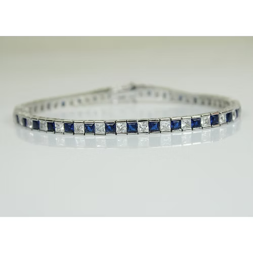 White Gold Finish Created Diamond Blue Sapphire Princess Cut Tennis Bracelet