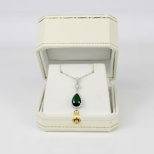 WHITE GOLD FINISH Green Emerald Pear Cut Created Diamond Pendant Necklace