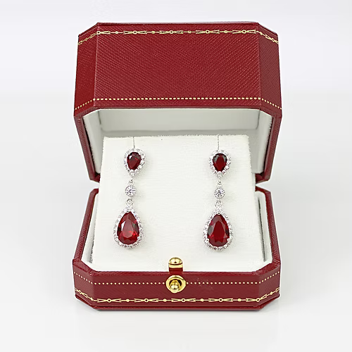 WHITE GOLD FINISH Red Ruby Pear Cut Dangle Created Diamonds Earrings