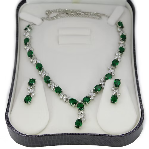 White Gold Finish Created Diamond Green Emerald "Love and Kisses" Jewellery Set