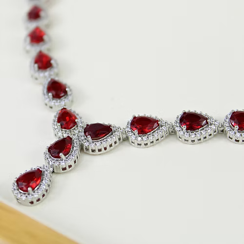 WHITE GOLD FINISH Red Ruby Pear Cut Cluster Created Diamond Necklace