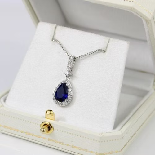 WHITE GOLD FINISH Blue Sapphire Pear Cut Created Diamond Necklace