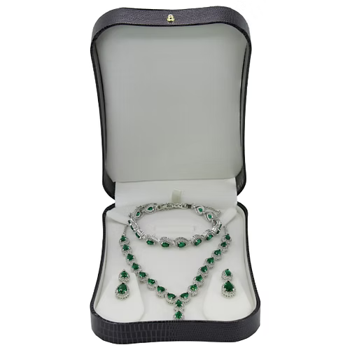 White Gold Finish Created Diamond Green Emerald Classic Pear Cut Set