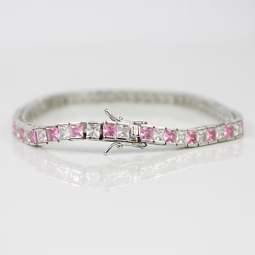 WHITE GOLD FINISH Pink Tourmaline Princess Cut Alternating CD Bracelet