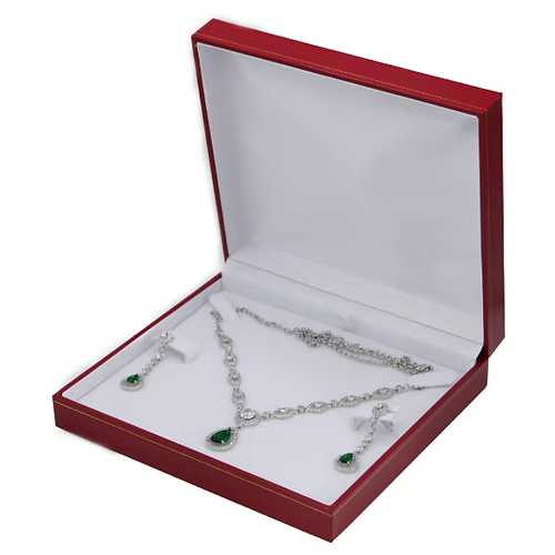 White Gold Finish Created Diamond Green Emerald Classic Retro Necklace & Dangle