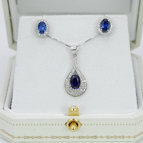 White Gold Finish Created Diamond Blue Sapphire Oval Cut Set