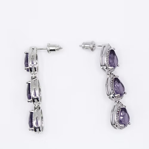 White Gold Finish Amethyst Triple Pear Cut Dangle Earrings