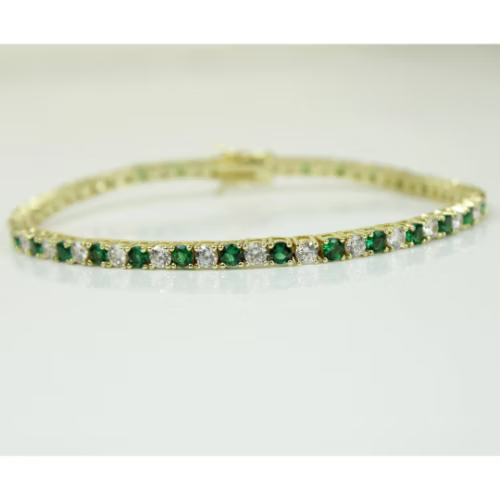 Yellow Gold Finish Created Diamond Green Emerald Round Cut Tennis Bracelet