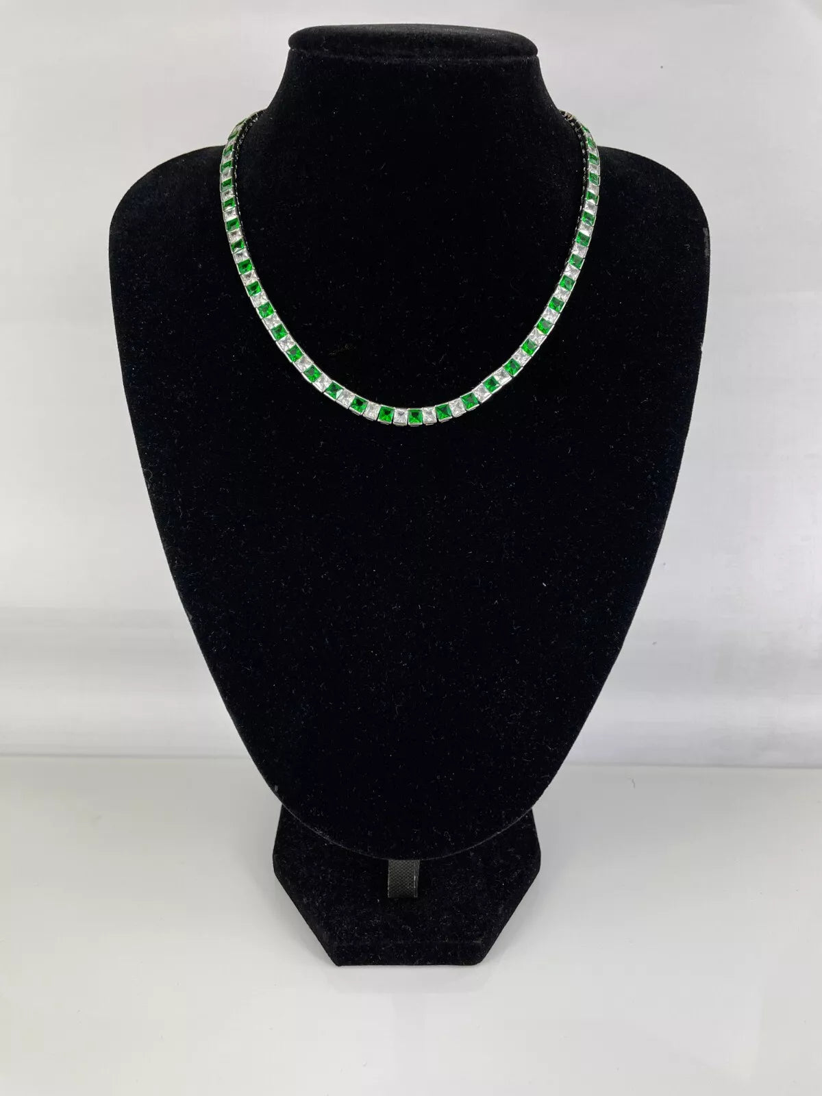 WHITE GOLD FINISH Square Cut Green Emerald and Created Diamond Necklace