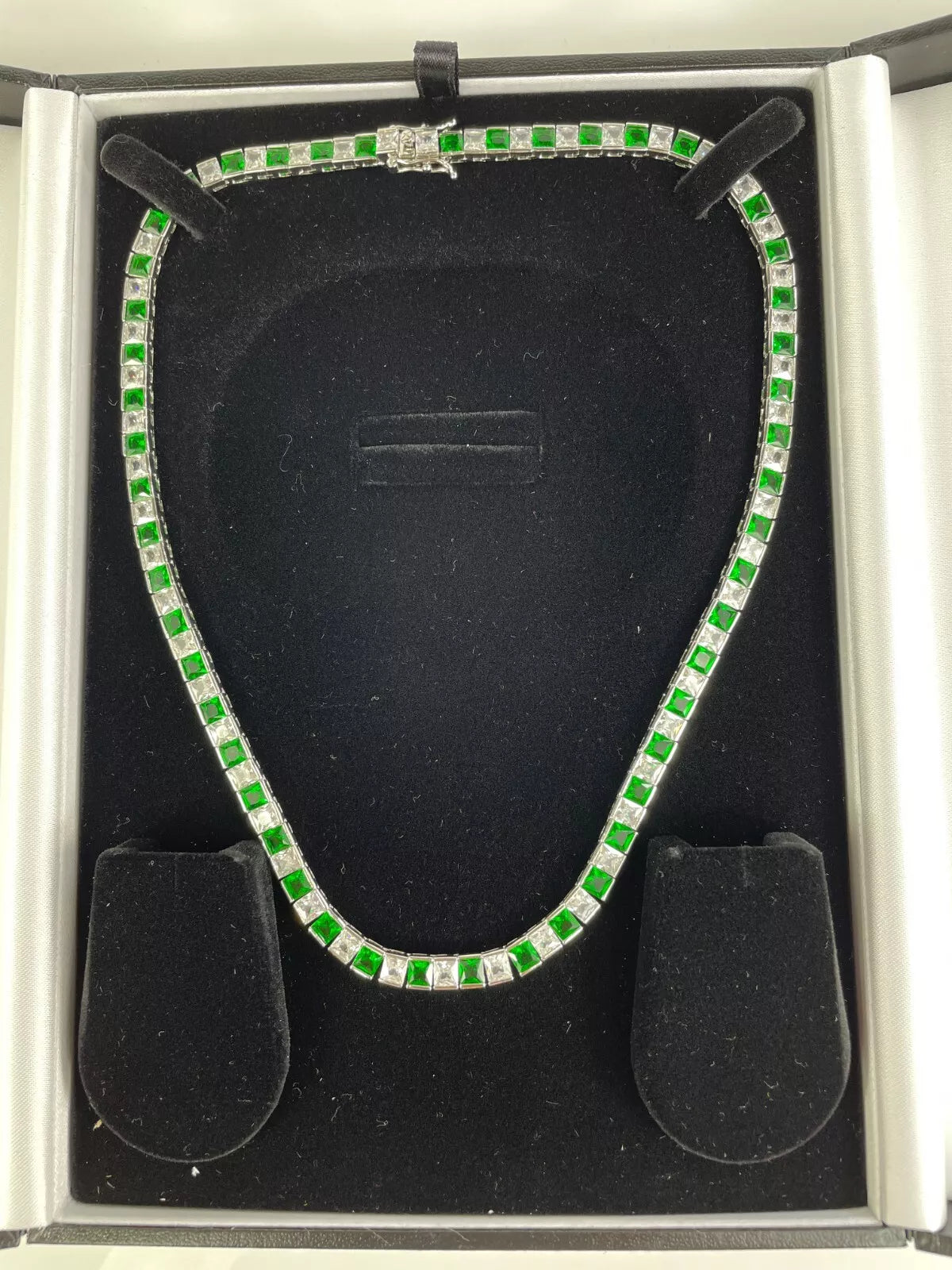 WHITE GOLD FINISH Square Cut Green Emerald and Created Diamond Necklace
