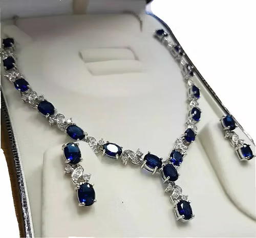 White gold finish oval blue sapphire and created diamond earrings necklace Set