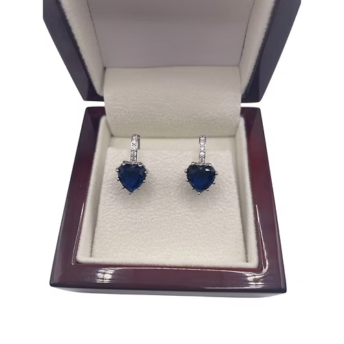 WHITE GOLD FINISH Blue Sapphire Heart Cut Created Diamond hoop earrings