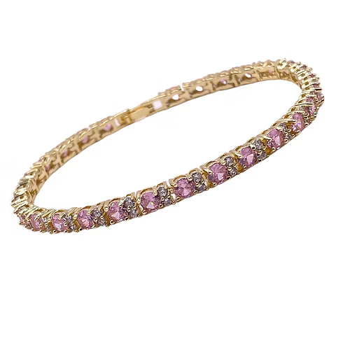 Yellow gold finish pink tourmaline round cut 2 tiny created diamond bracelet