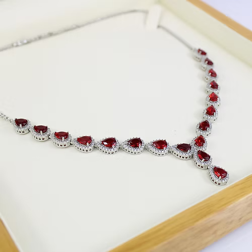 WHITE GOLD FINISH Red Ruby Pear Cut Cluster Created Diamond Necklace