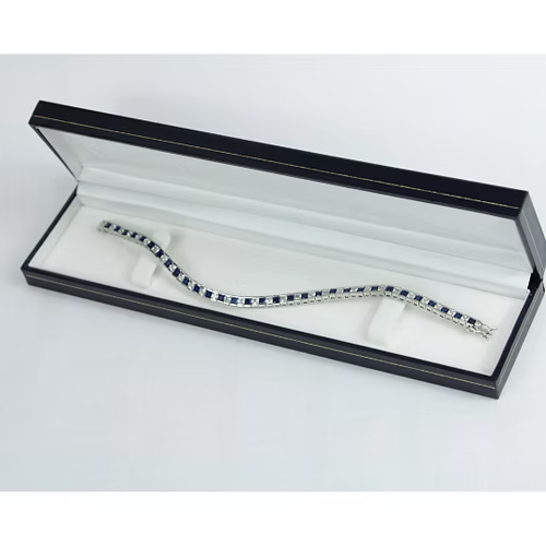 White Gold Finish Created Diamond Blue Sapphire Princess Cut Tennis Bracelet