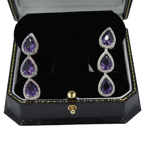 White Gold Finish Amethyst Triple Pear Cut Dangle Earrings