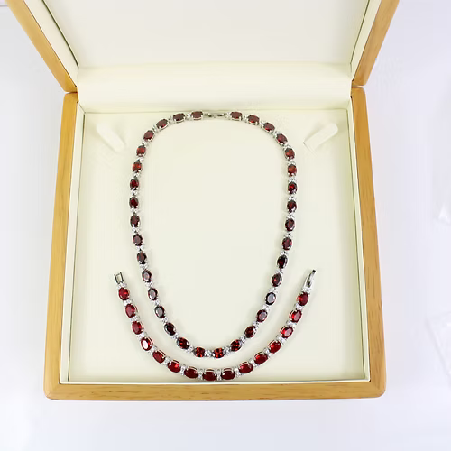 WHITE GOLD FINISH Red Ruby CD Oval Cut Crown Claw Bracelet & Necklace