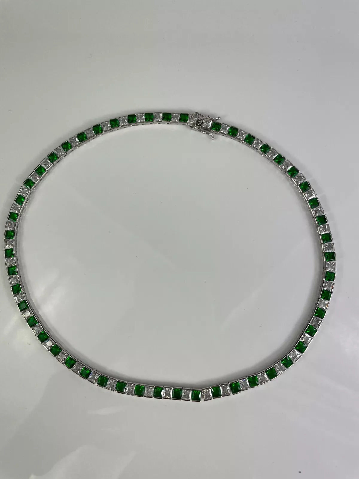 WHITE GOLD FINISH Square Cut Green Emerald and Created Diamond Necklace