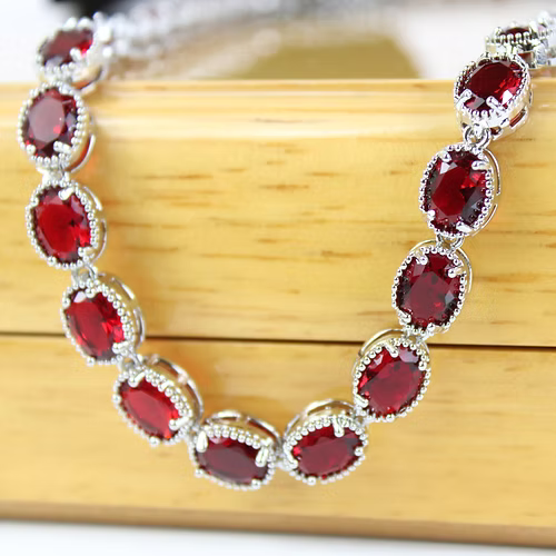 WHITE GOLD FINISH Red Ruby Oval Cut Crown Claw Necklace