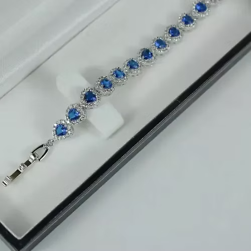 White gold finish blue sapphire created diamond heart cut bracelet Gift Idea