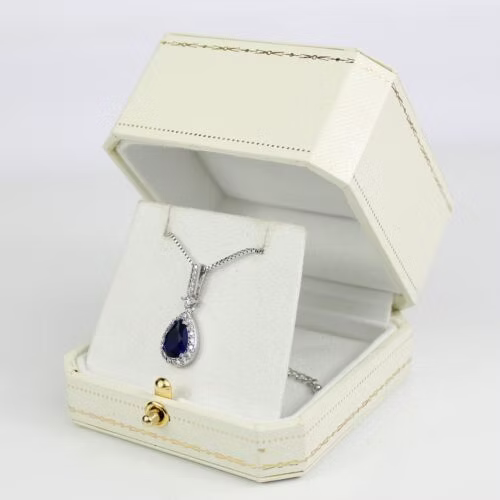 WHITE GOLD FINISH Blue Sapphire Pear Cut Created Diamond Necklace