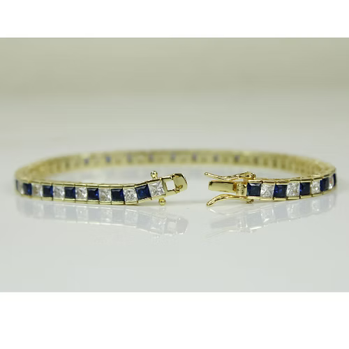 Yellow Gold Finish Created Diamond Blue Sapphire Princess Cut Tennis Bracelet