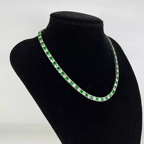 WHITE GOLD FINISH Square Cut Green Emerald and Created Diamond Necklace