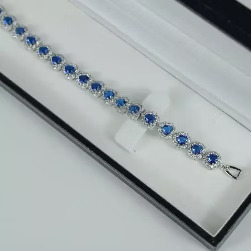 White gold finish blue sapphire created diamond heart cut bracelet Gift Idea