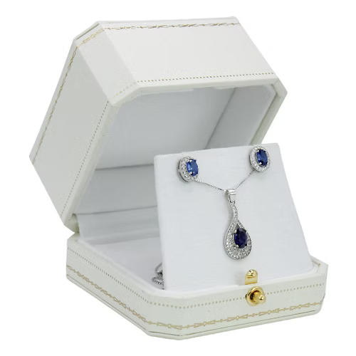 White Gold Finish Created Diamond Blue Sapphire Oval Cut Set