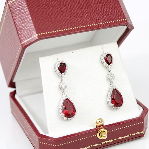 WHITE GOLD FINISH Red Ruby Pear Cut Dangle Created Diamonds Earrings
