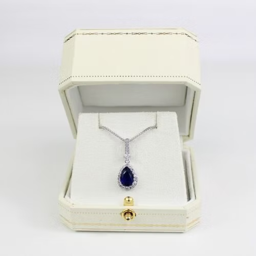 WHITE GOLD FINISH Blue Sapphire Pear Cut Created Diamond Necklace