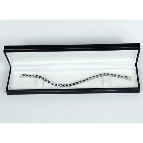 White Gold Finish Created Diamond Blue Sapphire Princess Cut Tennis Bracelet