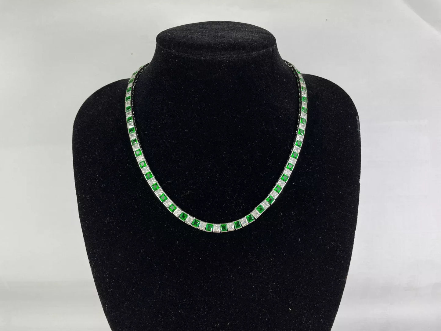 WHITE GOLD FINISH Square Cut Green Emerald and Created Diamond Necklace