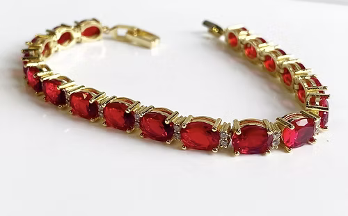 Yellow gold finish red ruby and created diamond Oval tennis bracelet gift idea