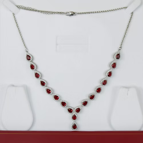 White Gold Finish Created Diamond Red Ruby Classic Pear Cut Set