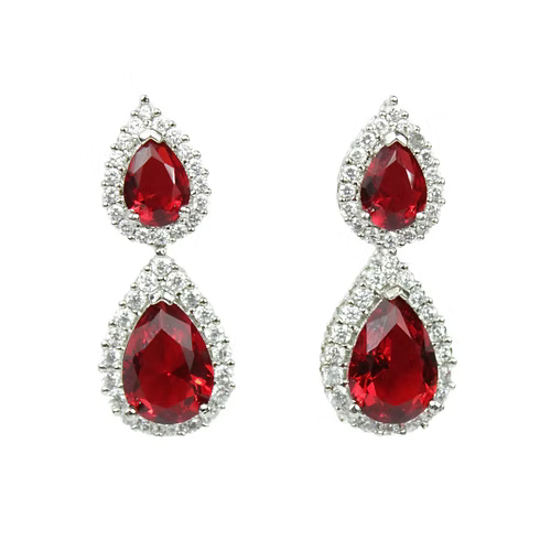 White Gold Finish Created Diamond Red Ruby Classic Pear Cut Set