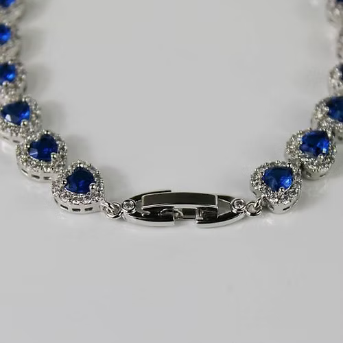 WHITE GOLD FINISH Blue Sapphire Created Diamond Heart Cut Bracelet + Gift Box
