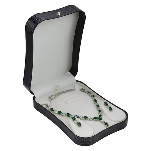 White Gold Finish Created Diamond Green Emerald "Love and Kisses" Jewellery Set