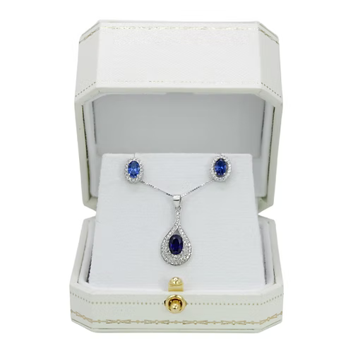 White Gold Finish Created Diamond Blue Sapphire Oval Cut Set