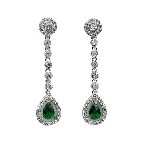 White Gold Finish Created Diamond Green Emerald Classic Retro Necklace & Dangle