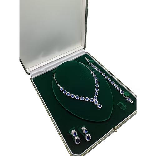 White Gold Finish Blue Sapphire Pear Cut and Created Diamond Set