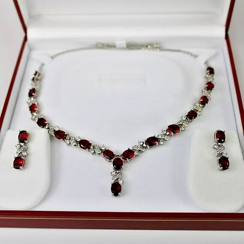 WHITE GOLD FINISH Ruby Created Diamond Love and Kisses Necklace Earrings Set