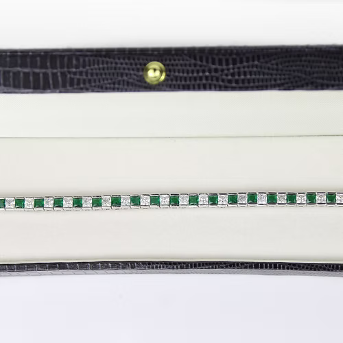 WHITE GOLD FINISH Green Emerald Princess Cut Alternating CD Bracelet