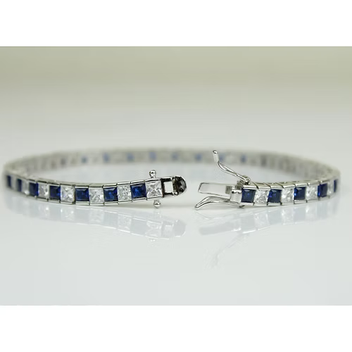 White Gold Finish Created Diamond Blue Sapphire Princess Cut Tennis Bracelet